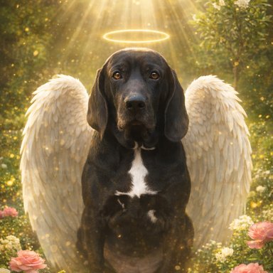 Haustier Erinnerungsportrait im Heavenly Paradise Stil, ein Hund mit Engelsflügeln, goldenem Heiligenschein und Paradiesgarten